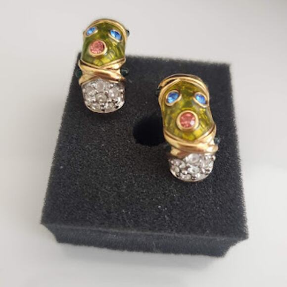 Swarovski Half Hoop‎ Earrings Gold Plated Green Enamel Colored Crystals Signed - Picture 5 of 9